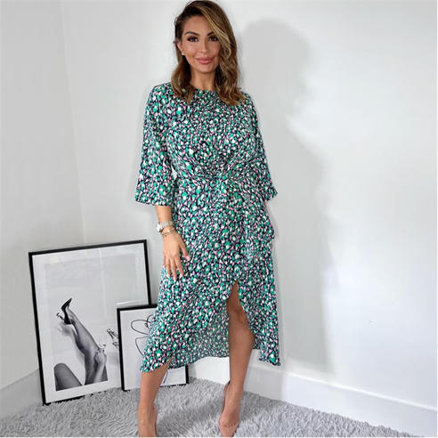 AX Paris - Navy Green And Pink Printed Wrap Tie Front Midi Dress