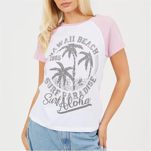 Brave Soul - Womens Contrat Raglan Sleeve T-shirt with Hawaii Graphic
