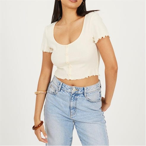 Brave Soul - BS Womens Lettuce Hem Button Through T-shirt