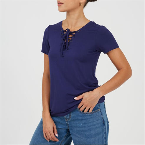 Brave Soul - Womens Tie Detail Eyelet Neck T-shirt