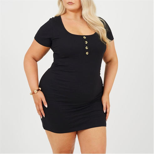 Brave Soul - Womens Plus Size Short Sleeve Mini Dress with Button Detail