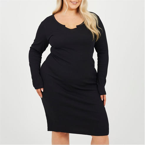 Brave Soul - BS Plus Size Long Sleeve Midi Dress with Notch Neck Detail