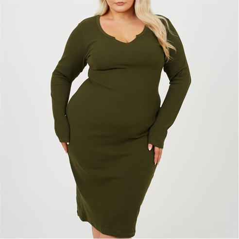Brave Soul - BS Plus Size Long Sleeve Midi Dress with Notch Neck Detail