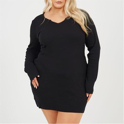 Brave Soul - Plus Size Long Sleeve Mini Dress with Notch Neck Detail
