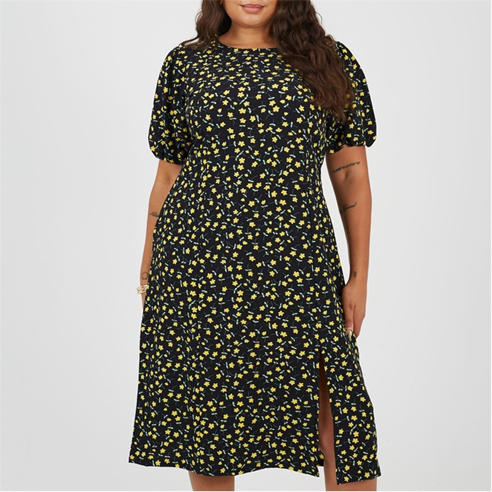 Brave Soul - Plus Size Puffy Sleeve Floral Midi Dress with Puff Sleeves