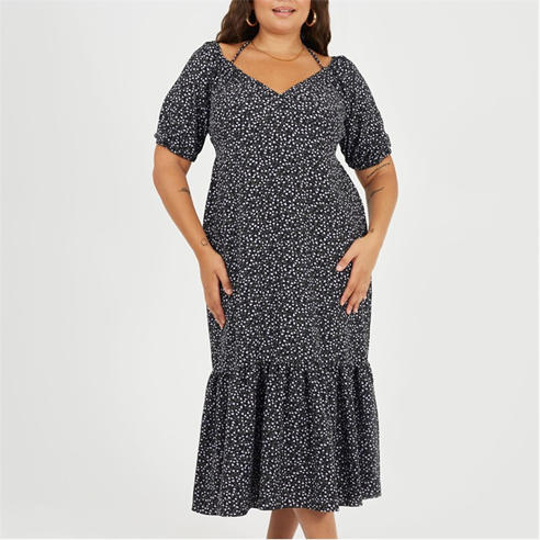 Brave Soul - BS Plus Size Tiered Floral Midi Dress with Adjustable Sleeves