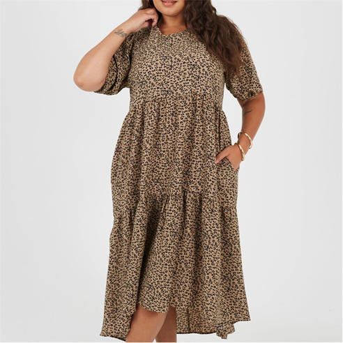 Brave Soul - Plus Size Short Sleeve Animal Print Midi Dress with Tiered Hem