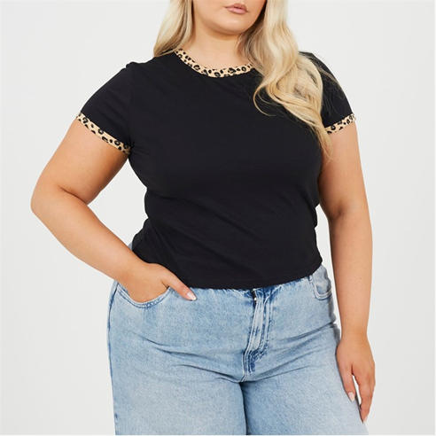 Brave Soul - BS Plus Size Short Sleeve T-shit with Leopard Print Neck and Sleeve Rib