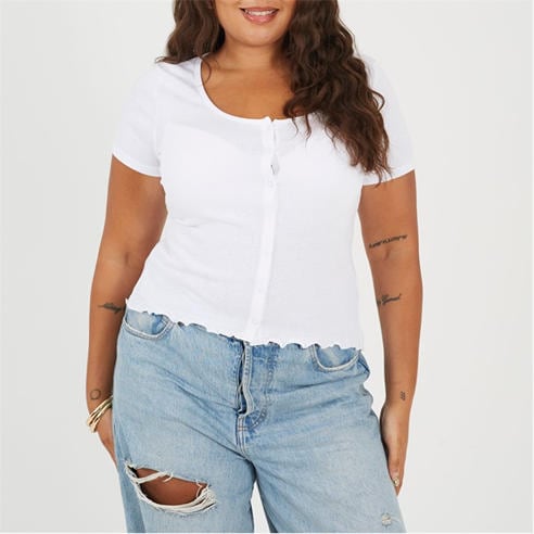 Brave Soul - Plus Size Button Through Short Sleeve Top with Lettuce Hem