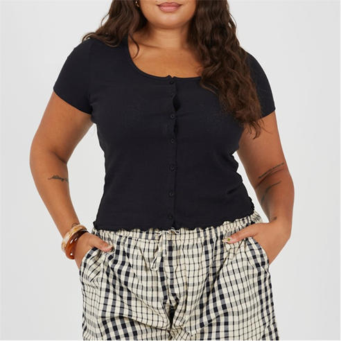 Brave Soul - Plus Size Button Through Short Sleeve Top with Lettuce Hem