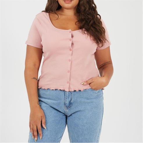 Brave Soul - Plus Size Button Through Short Sleeve Top with Lettuce Hem