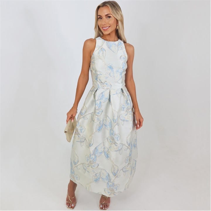 AX Paris Ice Blue Floral Jacquard Racer Neck A-Line Midi Dress
