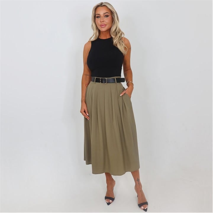 AX Paris Khaki 2 in 1 Pleated Skirt Belted Midi Dress - Green