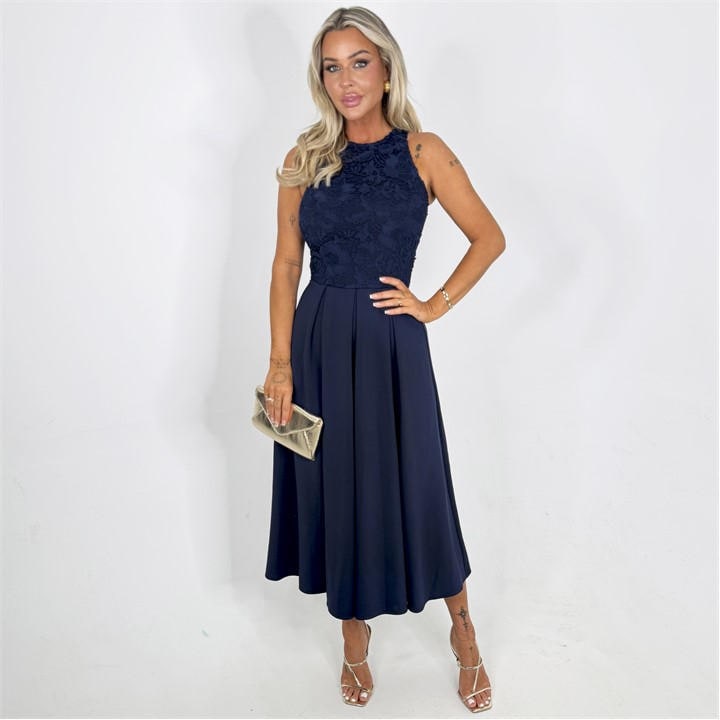 AX Paris Navy Embroidered Top Overlay A-Line Skirt Midi Dress - Blue