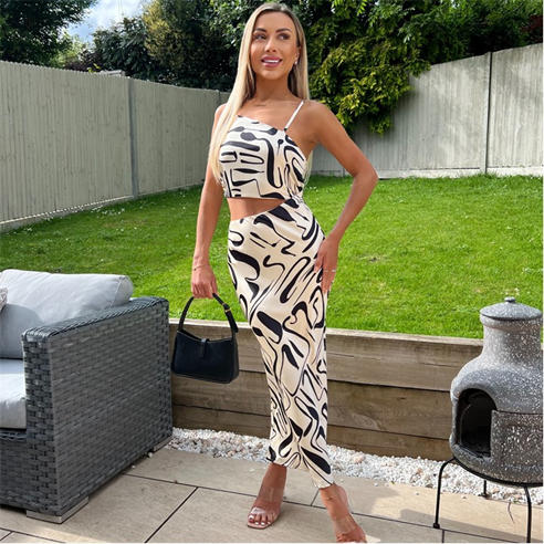 AX Paris - Black And Cream Printed Asymmetric Cut Out Midi Dress