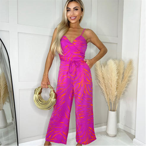 AX Paris - Pink and Orange Printed Wrap Top Tie Waist Full Length Jumpsuit