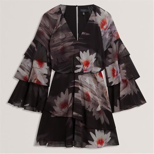 Ted Baker - Ted Baker Lily Print Frilled Long Sleeve Mini Dress
