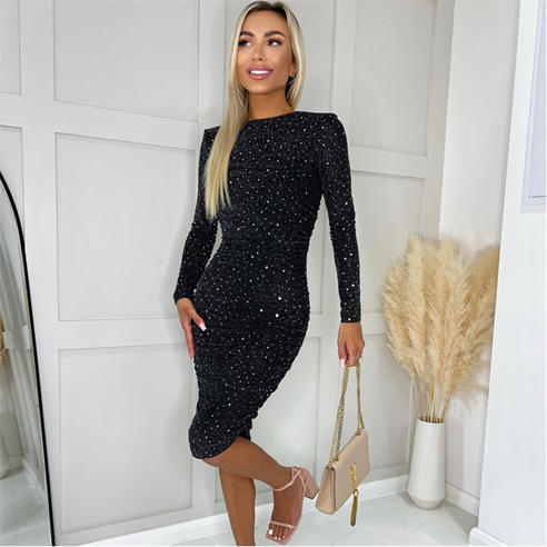 AX Paris - Black Sparkle And Sequin Long Sleeve Ruched Bodycon Midi Dress