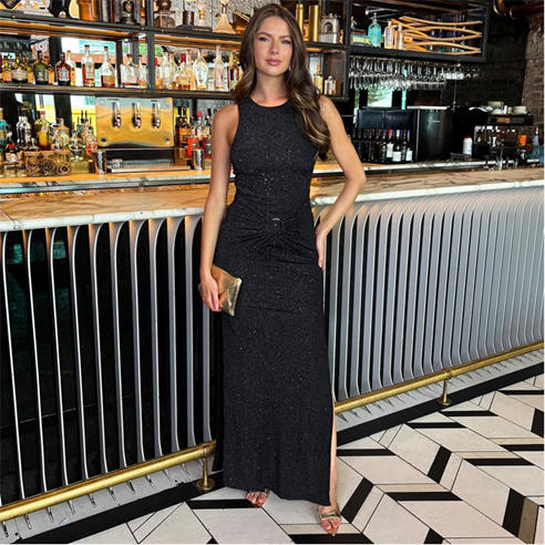 AX Paris - Black Sparkle O-Ring Detail Bodycon Midi Dress