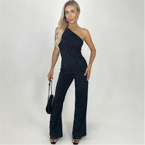 AX Paris - Black Sparkle One Shoulder Ruched Top Jumpsuit