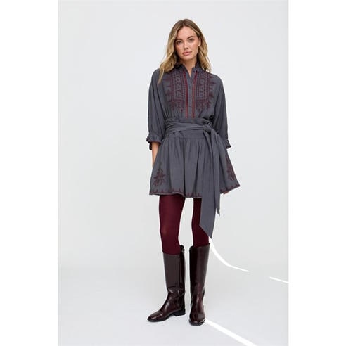 Raffya - Raffya Julie Ruffle Neck Embroidered Shirt In Dark Grey