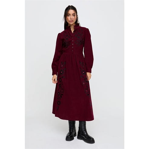 Raffya - Raffya Puglia Corduroy Midi Dress In Burgundy