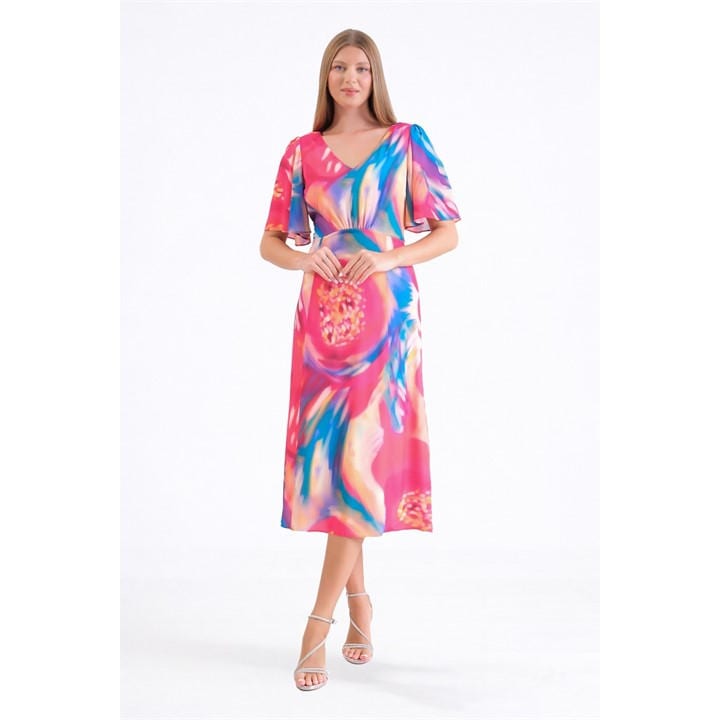 Ella Boo Ella vibrant fuchsia abstract print V Neck Dress - Multi
