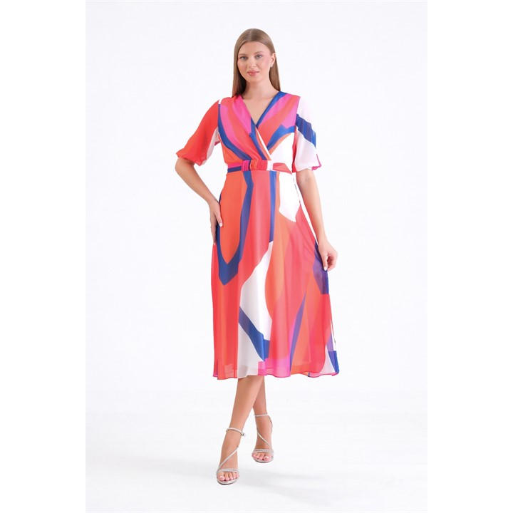 Ella Boo Ella Coral Multi Abstract Belted Midi Print Dress