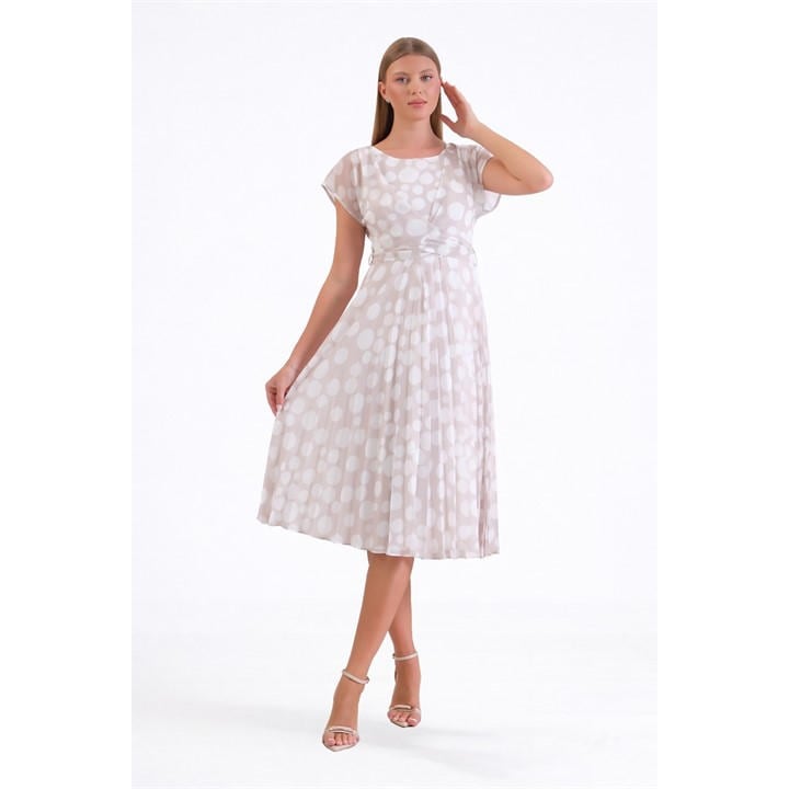 Ella Boo Ella Polka Dot Pleated Midi Dress in Stone or Navy - Beige