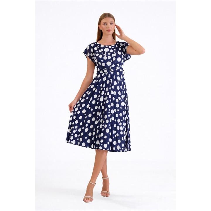 Ella Boo Ella Polka Dot Pleated Midi Dress in Stone or Navy - Blue
