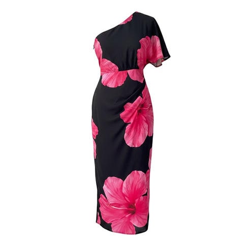 AX Paris - Black And Magenta Floral Print One Sleeve Midi Dress