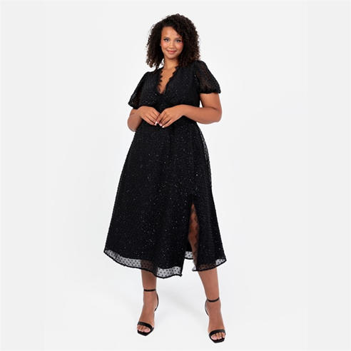 Lovedrobe - Lovedrobe Black Sparkly Glitter V Neck Midi Dress with Lace Trims