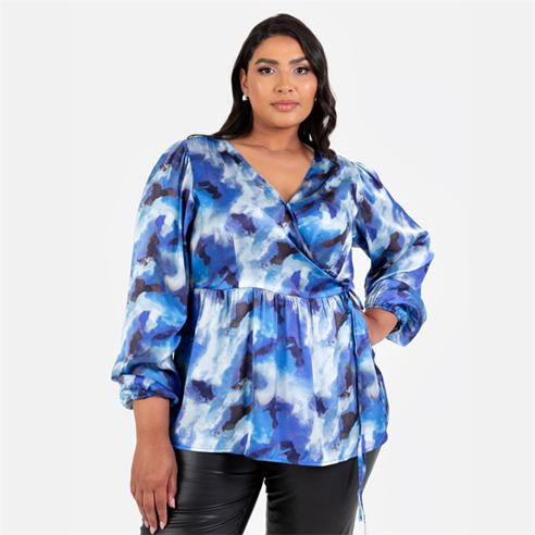 Lovedrobe - Lovedrobe Blue Satin Maxi Sleeve Wrap Top