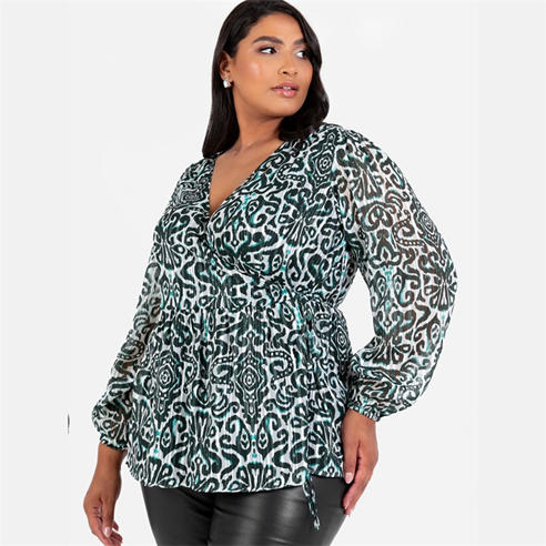 Lovedrobe - Lovedrobe Green Damask Print Maxi Sleeve Wrap Top