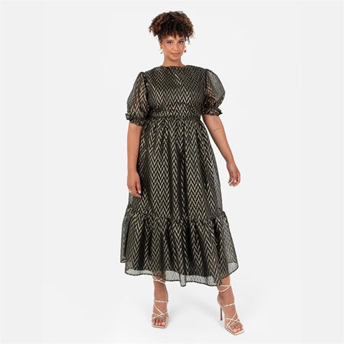 Lovedrobe - Lovedrobe Metallic Zig-Zag Tie-Back Midi Dress