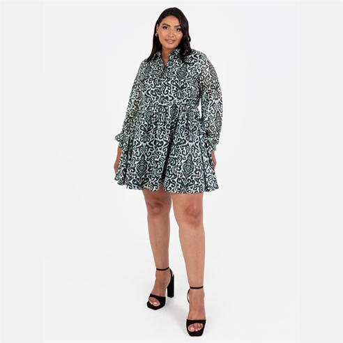 Lovedrobe - Lovedrobe Green Damask Print Smock Mini Shirt Dress