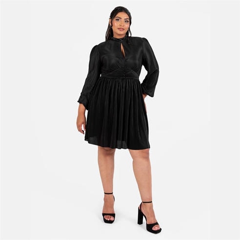 Lovedrobe - Lovedrobe Black Plisse High Neck Maxi Sleeve Mini Dress