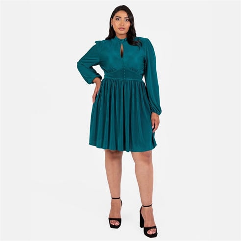 Lovedrobe - Lovedrobe Teal Plisse High Neck Maxi Sleeve Mini Dress