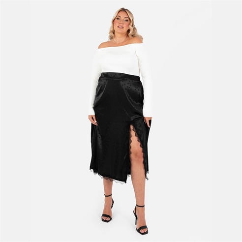 Lovedrobe - Lovedrobe Black Polka Dot Satin Skirt with Lace Trims