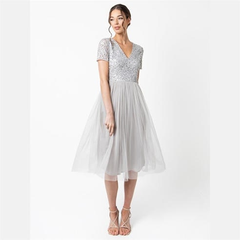 Maya Deluxe - Maya Emerald V Neckline Embellished Midi Dress