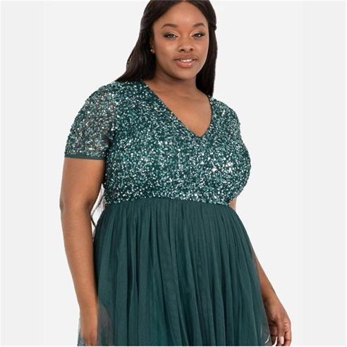 Maya Deluxe - Maya Emerald V Neckline Embellished Midi Dress
