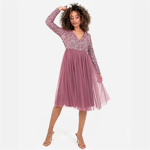 Maya Deluxe - Maya Faux Wrap Front Embellished Midi Dress