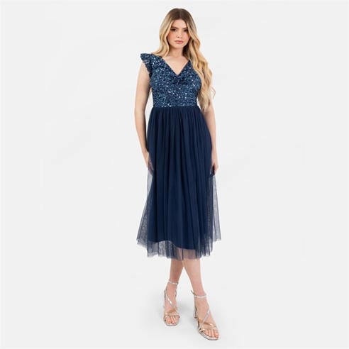 Maya Deluxe - Maya Navy Embellished Twist Bodice Midi Dress