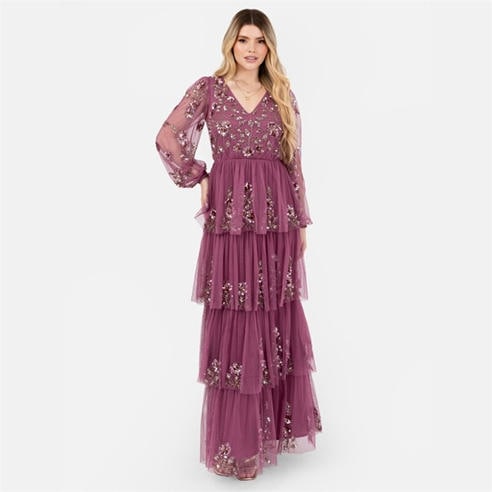 Maya Deluxe - Maya Purple Embellished Maxi Sleeve Tiered Maxi Dress