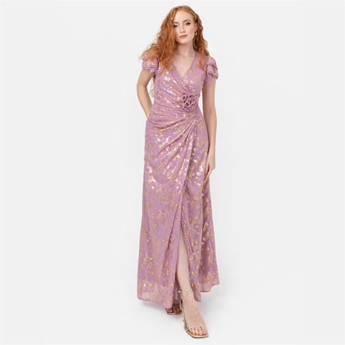 Maya Deluxe - Maya Faux Wrap Maxi Dress with Gold Foil and Corsage Detail