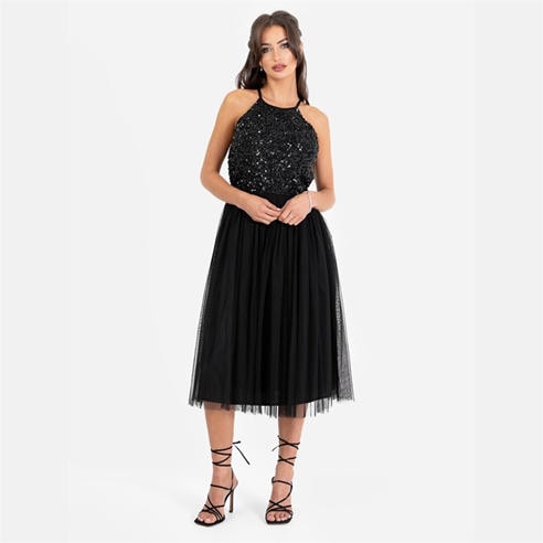 Maya Deluxe - Maya Embellished Halter Neck Midi Dress