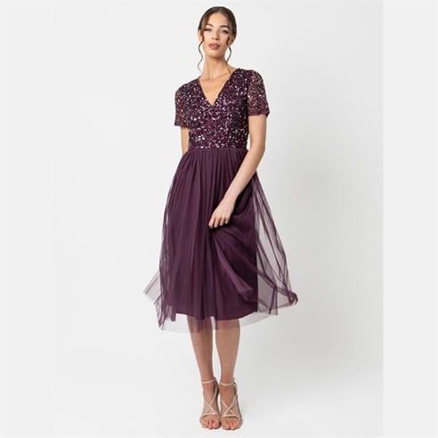 Maya Deluxe - Maya V Neckline Embellished Midi Dress