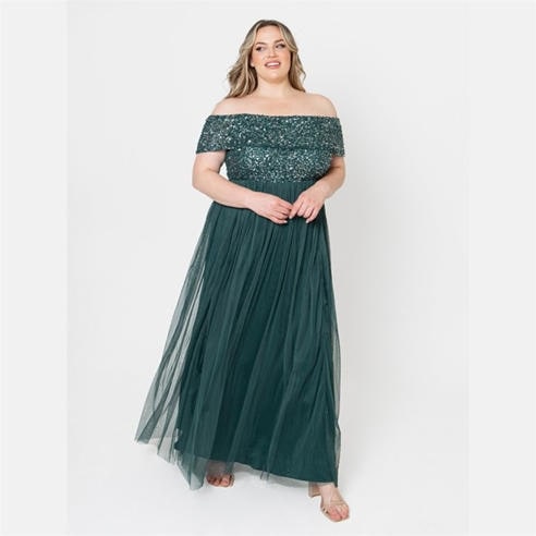 Maya Deluxe - Maya Emerald Green Bardot Embellished Maxi Dress