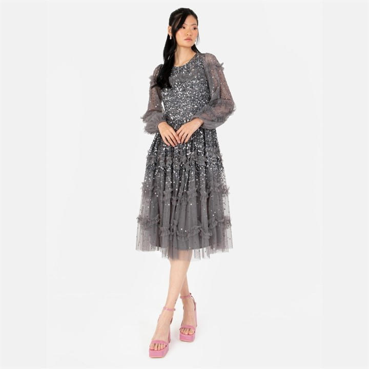 Maya Deluxe Maya Charcoal Fully Embellished Maxi Sleeve Midi Dress with Frill Detail - Grey