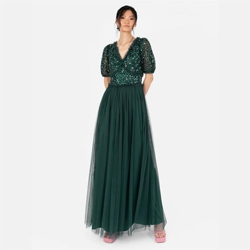 Maya Deluxe - Maya Emerald Green Short Sleeve Embellished Maxi Dress